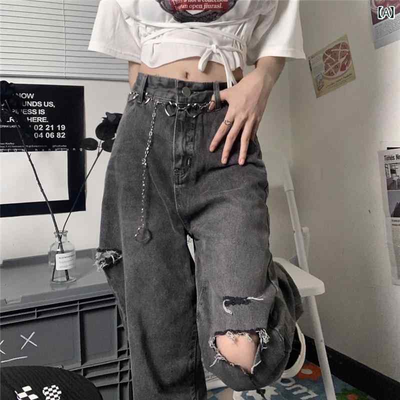 デニムパンツ レディース ダメージ ジーンズ クラッシュ ボトムス ストレート 夏 ハイウエスト ワイド グレー