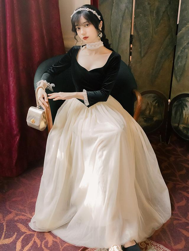 パーティードレス ロング 長袖 バイカラー レトロ おしゃれ かわいい ロングドレス 演奏会 黒 結婚式 お呼ばれ ドレス ベルベット ハイウエスト スクエアカラー シフォン ガーリー フォーマル ド 6,996円