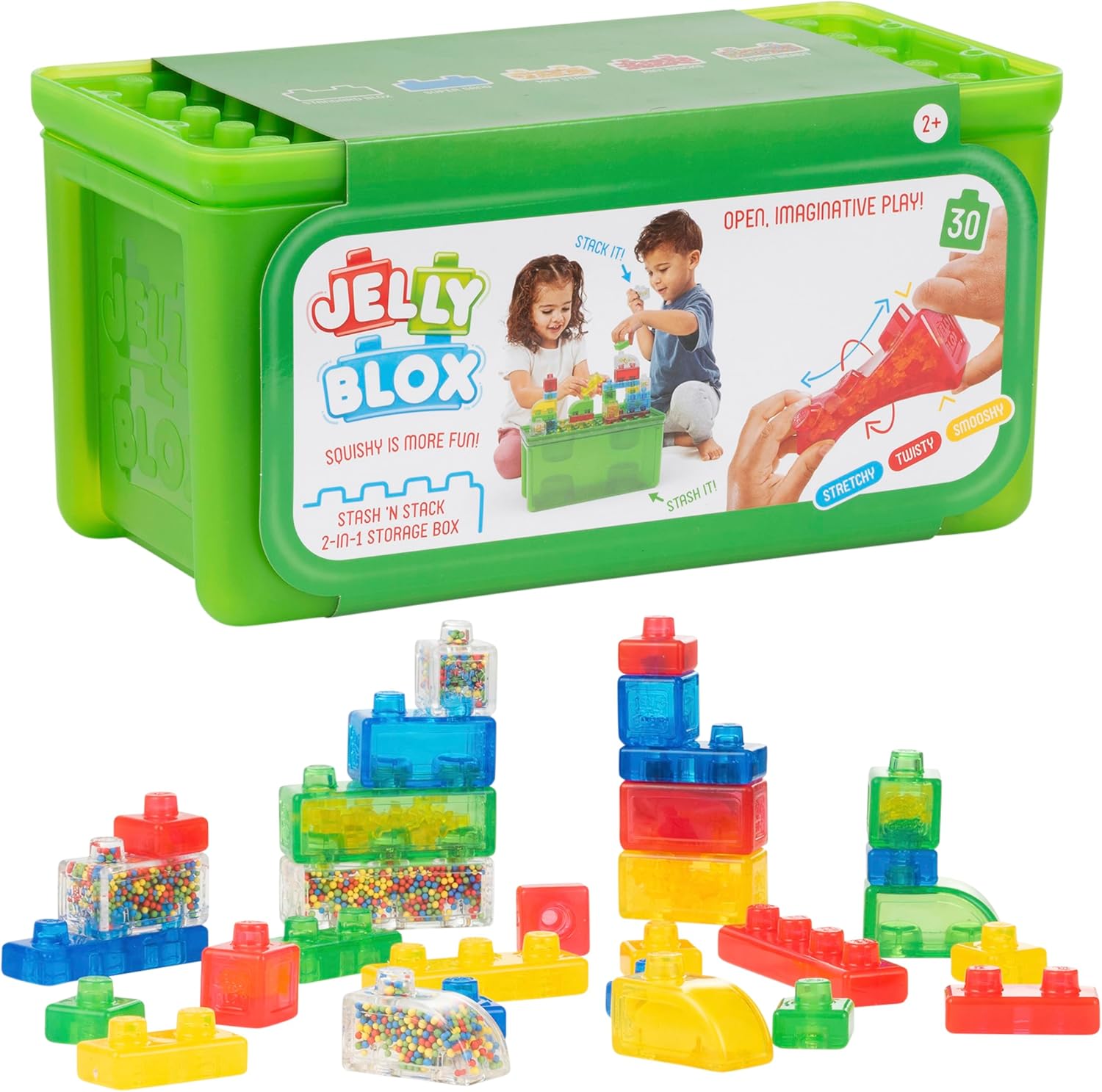 Jelly Blox Stash N Stack 2イン1 収納ケース 30ブロック付き 幼児&就学前の積み木 子供が握ったり伸ばしたりできます メッ 感覚遊びおもちゃ 対象年齢2歳以上