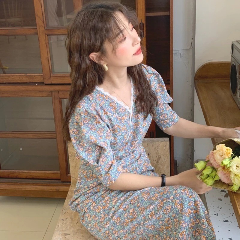 シフォン ワンピース フローラル 花柄 Vネック 総花柄 小花柄 サマーワンピ カシュクール レース パフ袖 パフスリーブ ロング丈 ロング スリム 細身 大人 フェミニン ラブリー スイート 華やか 6,494円