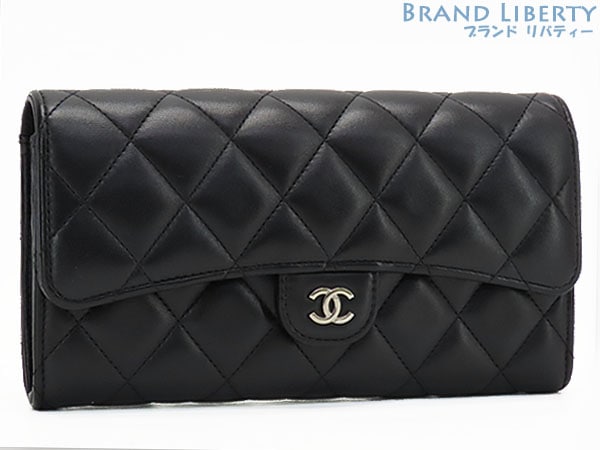 外超美品シャネルCHANELマトラッセココマーククラシックロングフラップウォレット二つ折り長財布ブラックAP0241A80758