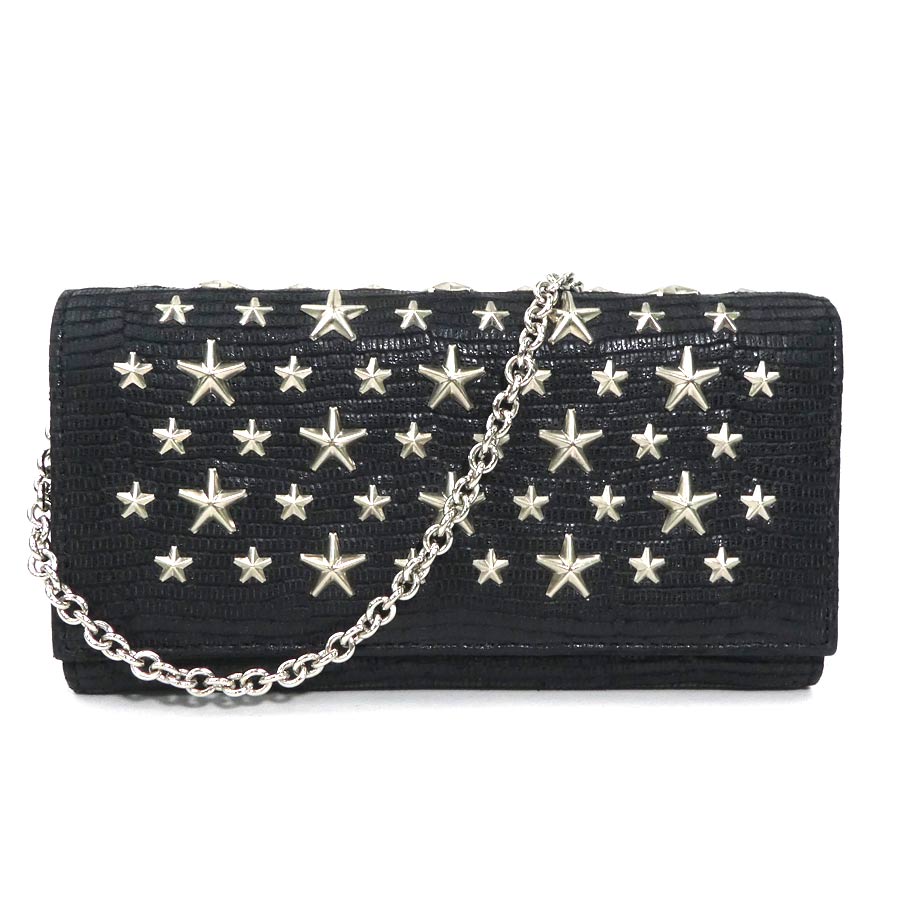 ジミーチュウ JIMMY CHOO 長財布 チェーンウォレット 型押しレザー ブラック レディース h31604a