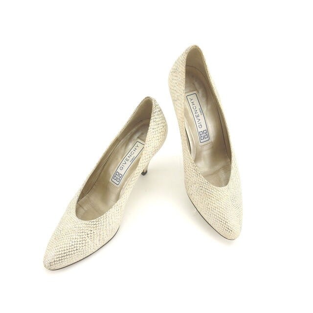 パンプス シューズ 靴 パイソン調 34ハーフ ライトベージュ シルバー 中古