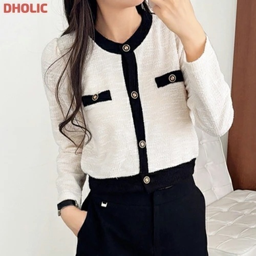 ボタンラウンドネック長袖配色カーディガン・1935784