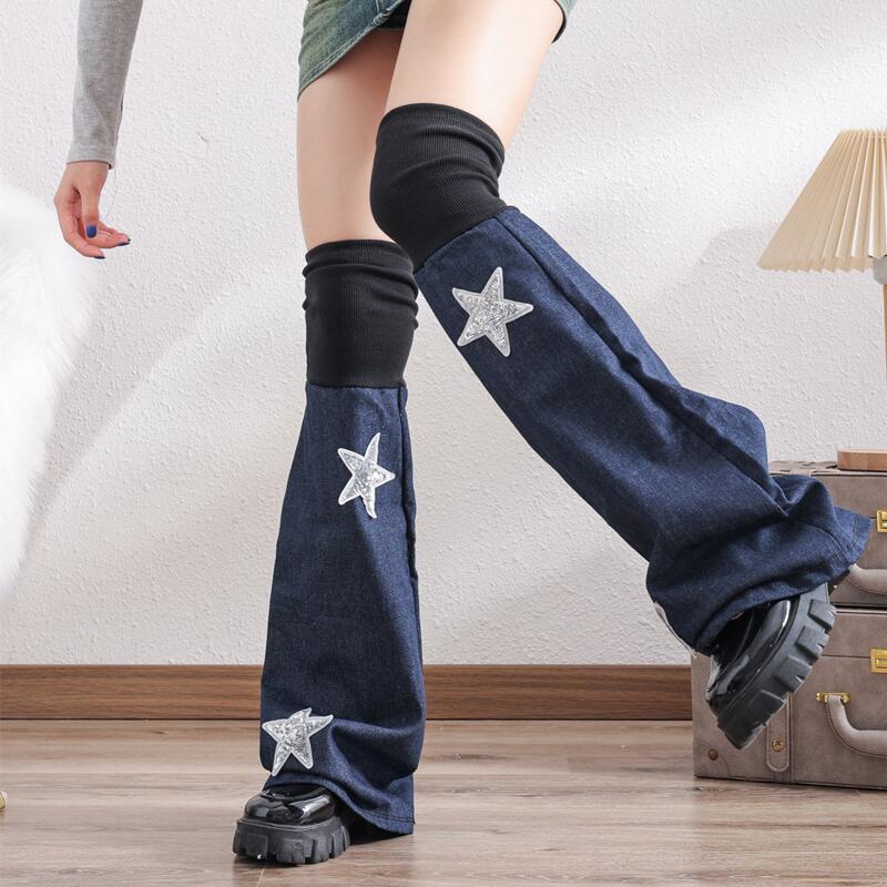 スターデニム膝上レッグカバーブルーワイドレッグフレアパンツレッグy2kカレッジスタイルロングふくらはぎソックス