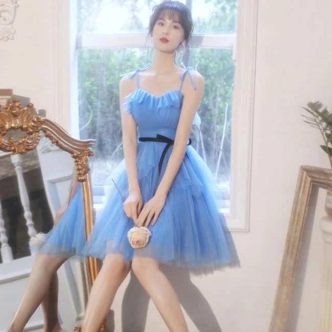 ブルー ミニドレス　シヨート丈 ミニ丈 二次会ドレス フォーマルドレス　春 夏 秋 冬 パーティドレス 二次会 2次会 レース 成人式 同窓会 謝恩会 大学生 服装 入学式 卒業式 かわいい 2