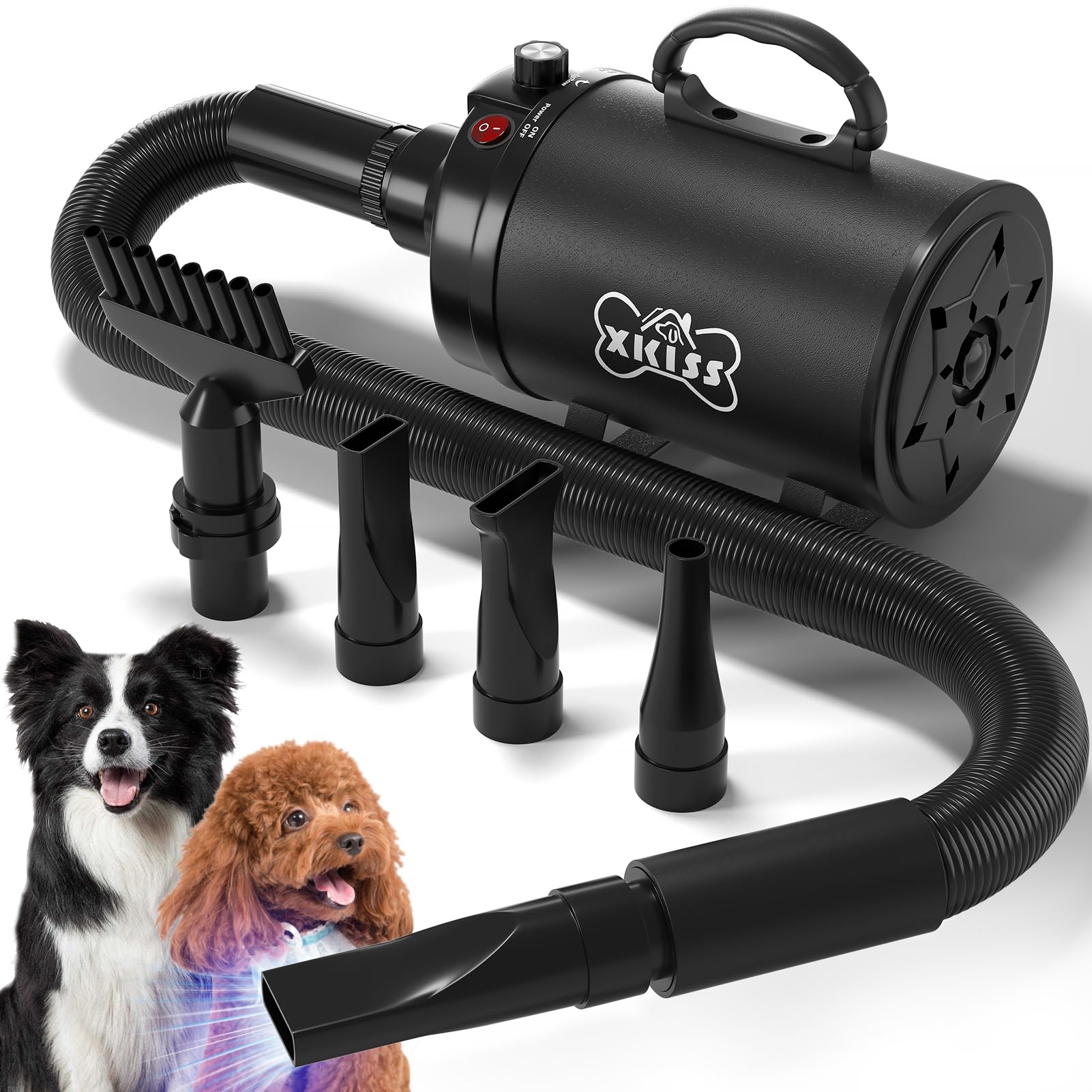 XKISS 犬 ドライヤー 4.5 PS / 3200 W 犬用 ドライヤー 猫 ドライヤー ペットドライヤー ペット用ドライヤー 4つのノズル付き 風速温度調整可能 強いブロー力 騒音低減（ ブラ