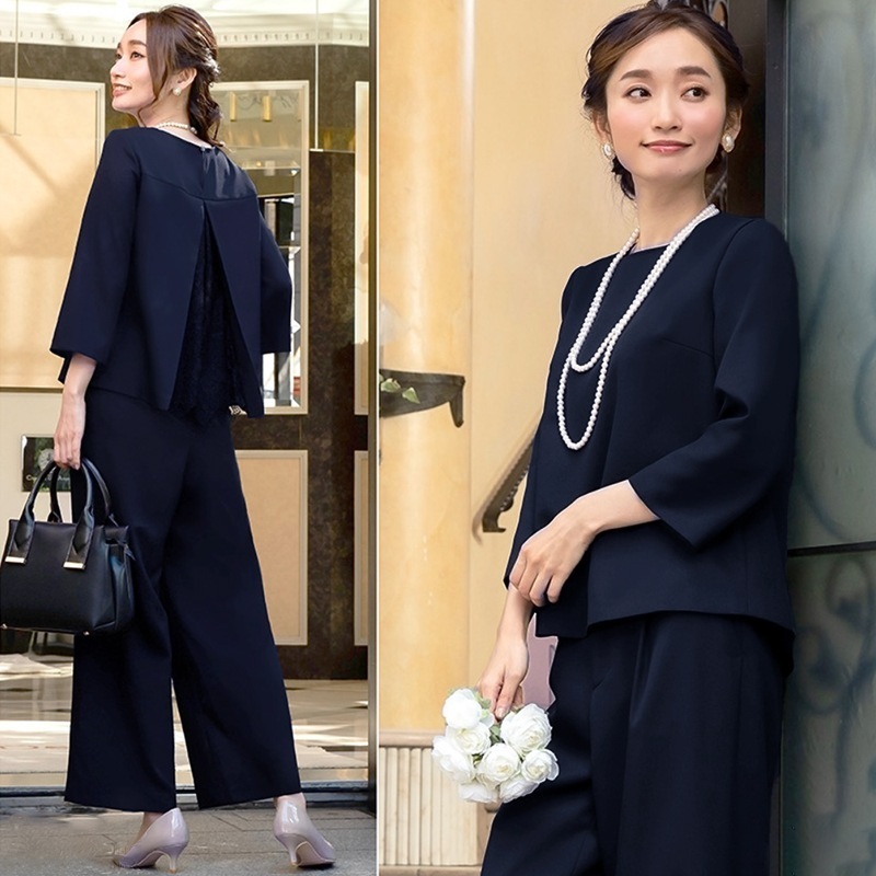 【気質アップ】 入園 入学 卒園 卒業式 ママスーツ 大注目おしゃれラウンドネックトップス+パンツの2点セット