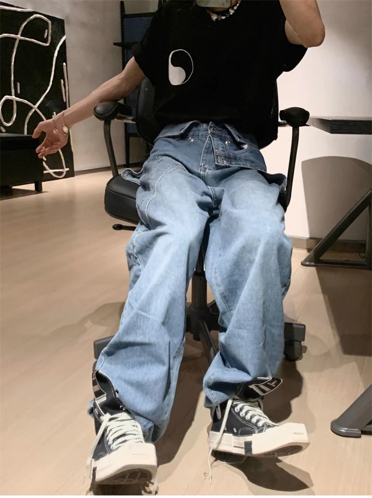 早い者勝ち ハイストリート 2024夏 デザインセンス ロングパンツ トレンド カップル服 スラックス チノパンツ フェイク2ピース ジーンズ アメリカン ストレート
