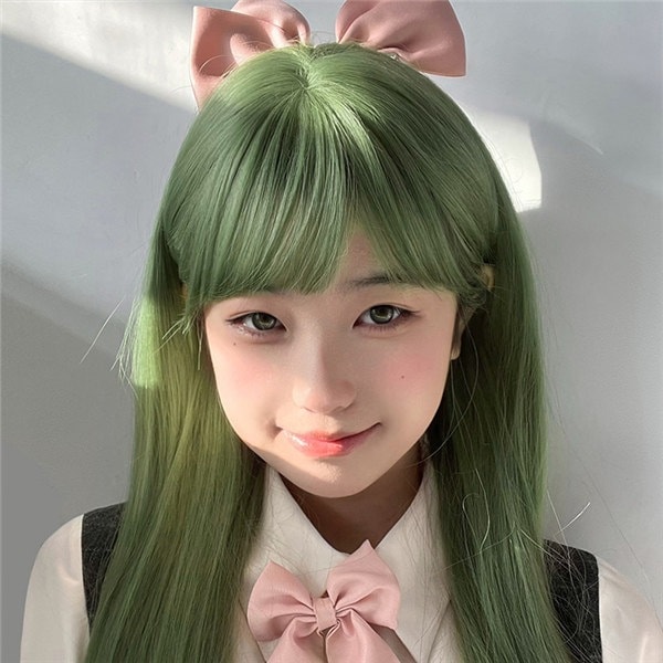 ウィッグ ロリータ 原宿風 ロングウィッグ かつら ぱっつん前髪 グリーン レディース コスプレ コスプレウィッグ 可愛い かわいい 長髪 ロング 耐熱ウィッグ コスチューム 仮装 大人 自然 ナチュ