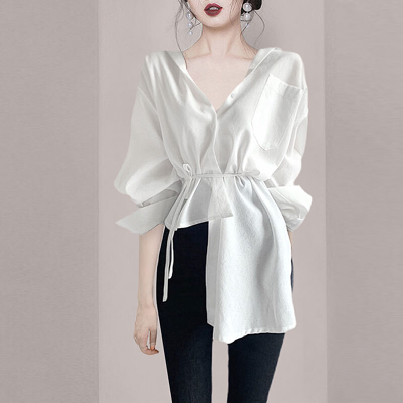 オーバーサイズシャツ トップス シャツ ブラウス 袖あり 長袖 Vネック 襟付き アシンメトリー シフォン ウエストマーク ウエストリボン 前開き かわいい 大人可愛い きれいめ シンプル カジュアル 5,442円