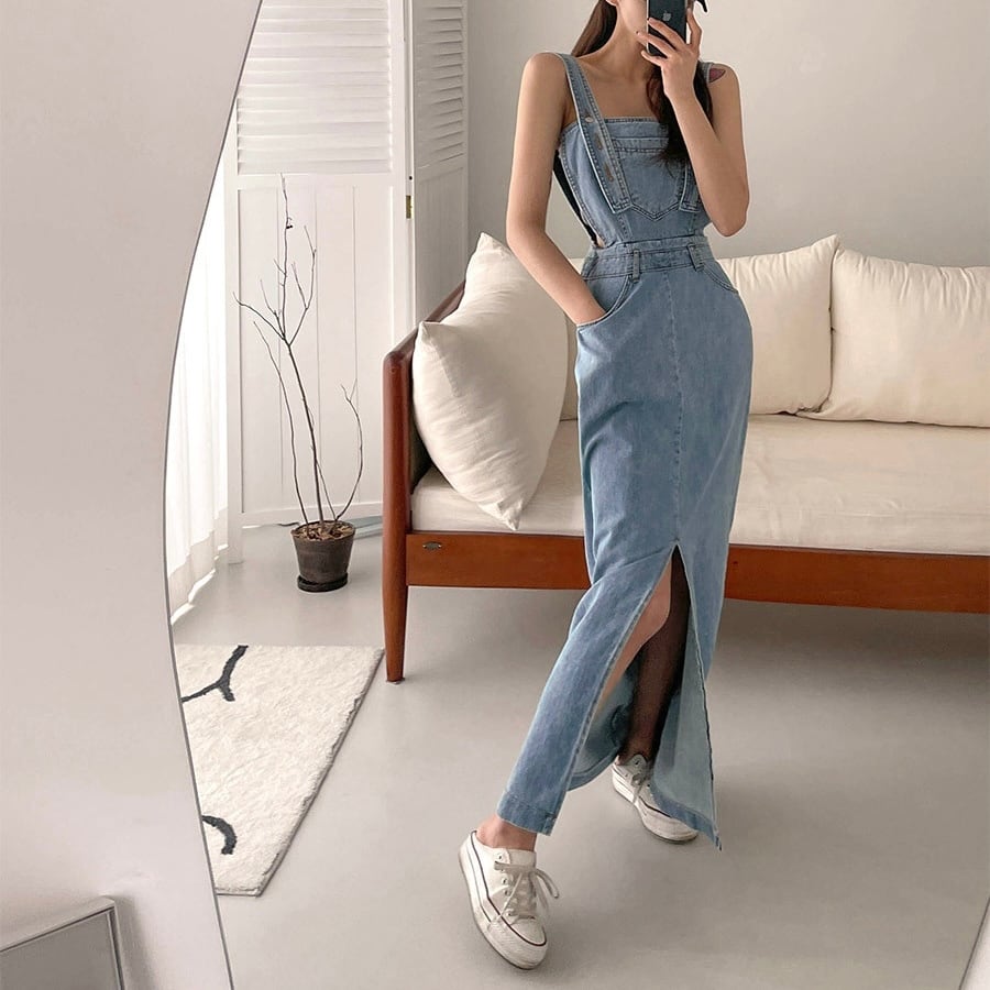 ワンピース スカート サスペンダー デニム ブルー 青 袖なし フロントスリット バックジップ ロング丈 ワントーン ワンカラー 大人女子 カジュアル セクシー HIPHOP スポーティー お洒落 l