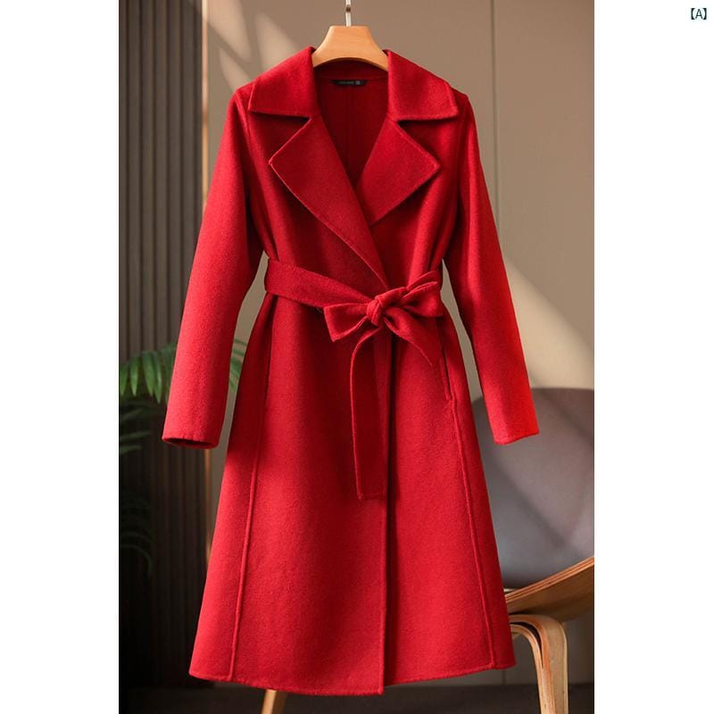 レディース ファッション　オシャレ　カジュアル　かわいい　綺麗 クラス 感 たっぷり レディース 大きい 上半身 両面 コート レッド ミドル丈 ウール