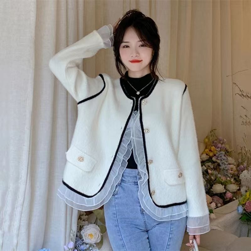 春 ニュースタイル コントラストカラー おしゃれ 流行り カーディガン 丸ネック 切り替え トップス 着痩せ