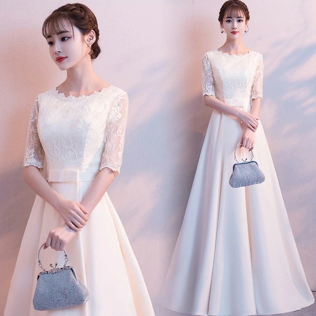 パーティードレス シャンパン色 ロングドレス レース サテン 優雅 エレガント ドレス 5分袖 イブニングドレス 袖あり 発表会ドレス Aライン ロング丈 シンプル 二次会ドレス お呼ばれドレス 20