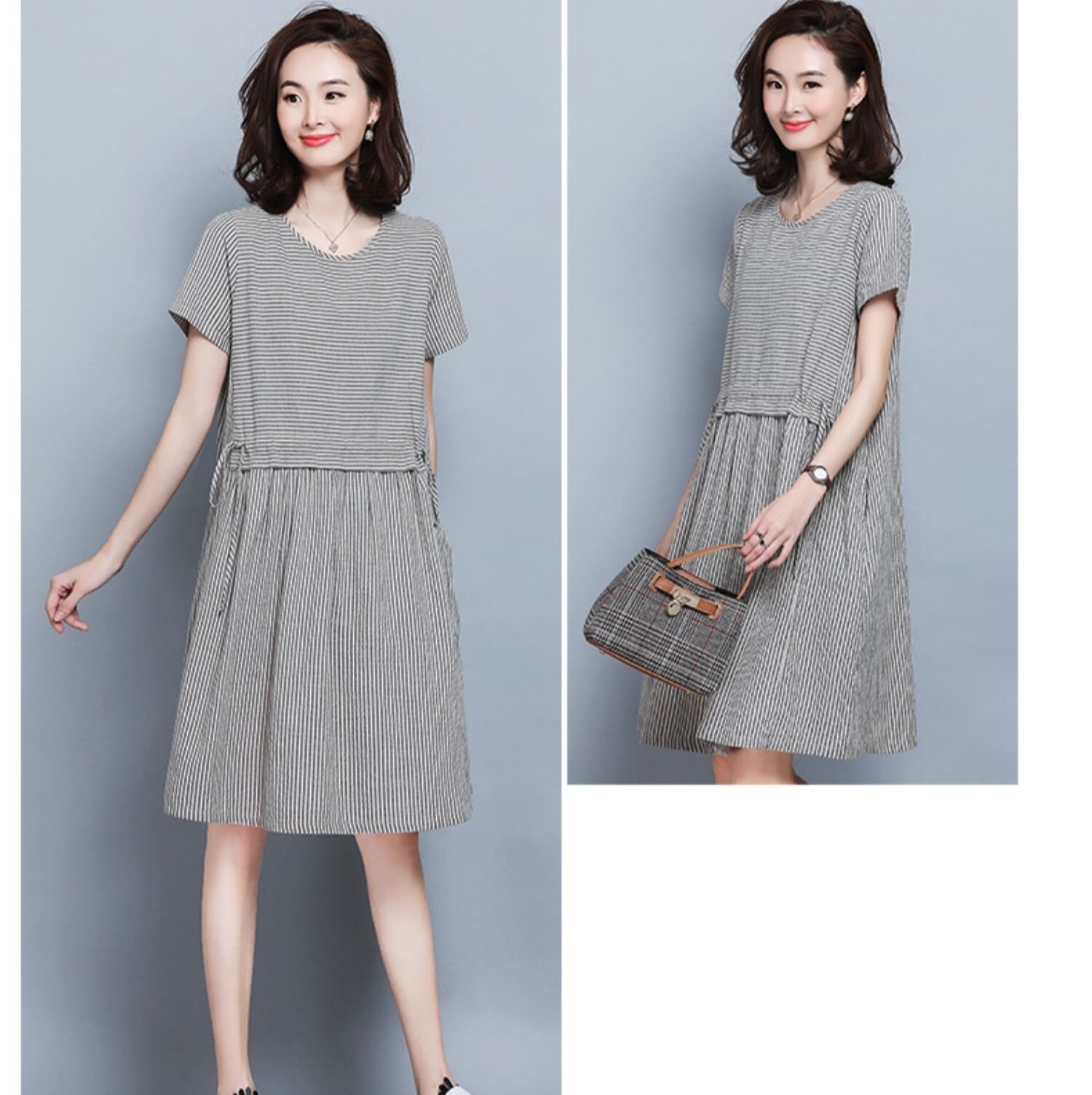 ワンピース 半袖 ひざ丈 カジュアル かわいい Aライン ウエストリボン ポケット 春 夏 フレアスカート 袖あり Uネック ラウンドネック 襟なし フレア ウエストマーク 綿 薄手 可愛い シンプル