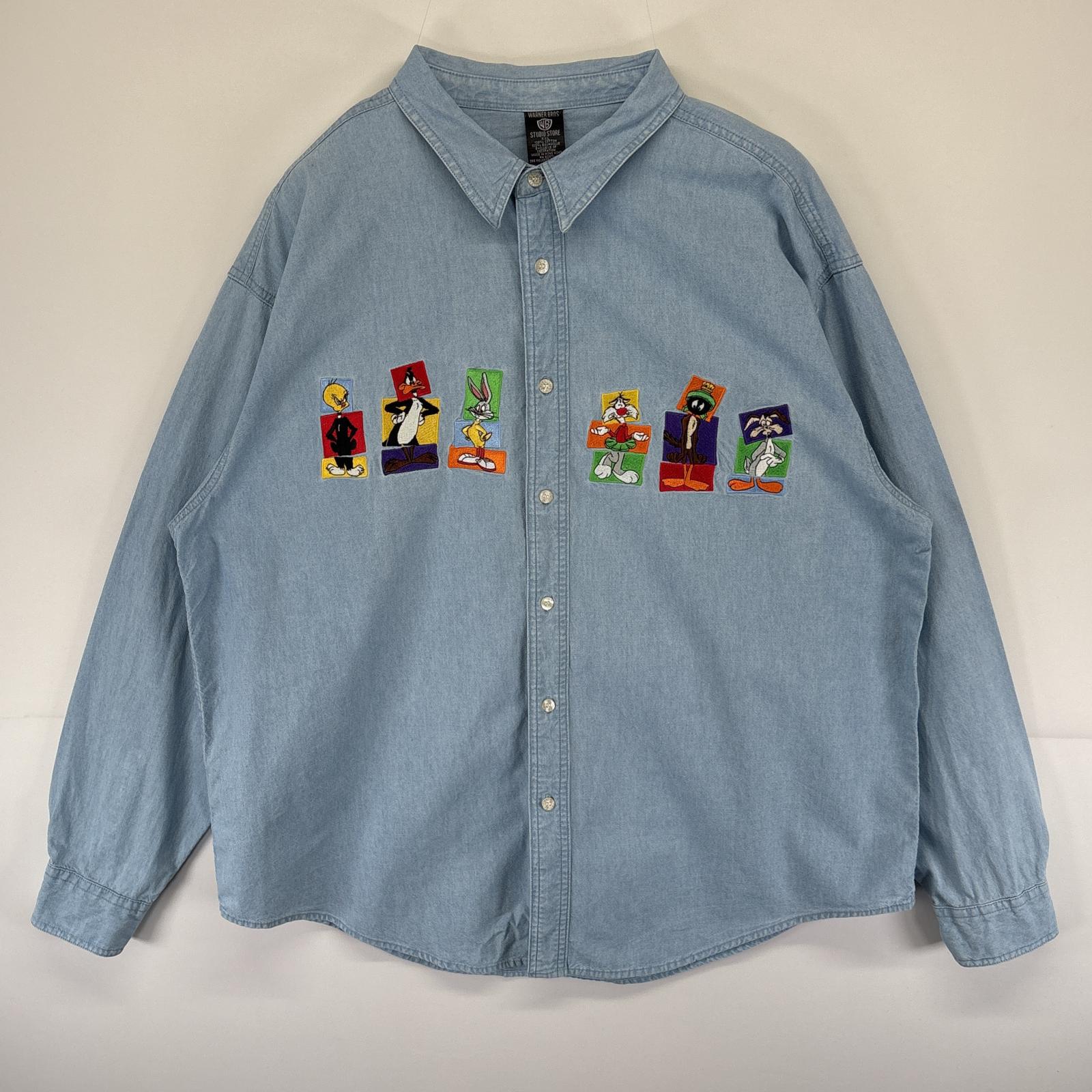 古着 90s/90年代 ワーナーブラザーズ 長袖 デニムシャツ シャンブレシャツ キャラ刺繍 ルーニーテューンズ 大きいサイズ XXL ブルー メンズ