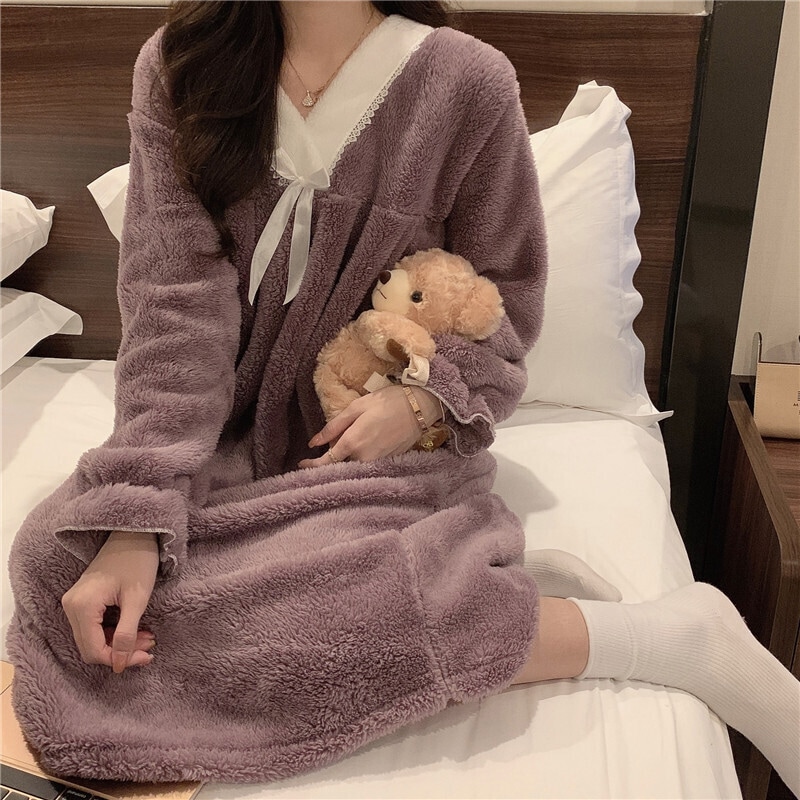 【送料無料】レディース ガウン ワンピース もこもこ ロング丈 長袖 Vネック レース リボン