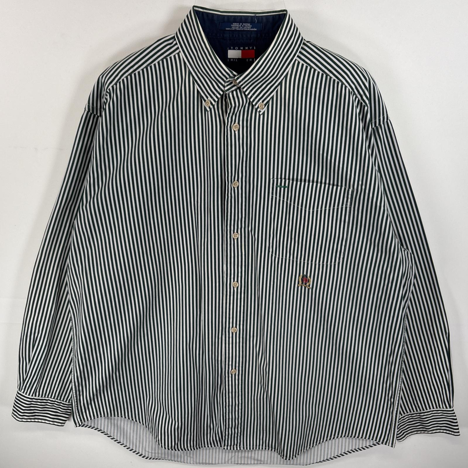 古着 90s/90年代 長袖シャツ ボタンダウンシャツ ワンポイント ロゴ 刺繍 厚手 L グリーン系 ストライプ メンズ