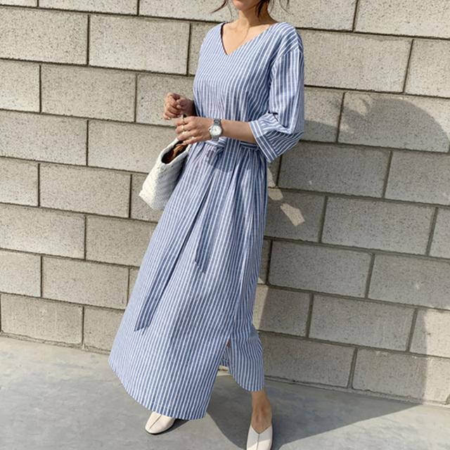 ワンピース レディース ミモレ丈 ロング ストライプ Vネック フレア 袖あり ストライプ きれいめ おしゃれ シャツワンピ 春 夏 秋 安い 10代 20代 30代 40代 大人カジュアル ワンピー