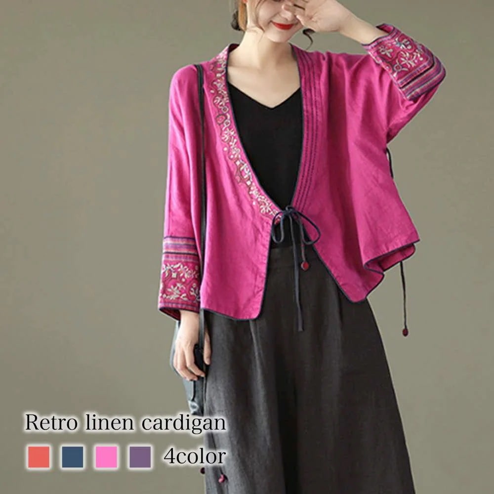 カーディガン レディース レトロリネンカーディガン ベージュ 黒 長袖 ロング きれいめ 暖かい ゆったり ニット 丸首 ウール 人気 フリース 秋 Vネック ショート丈 大きいサイズ ブラック 春3