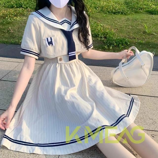 セーラー ワンピース レディース 襟付き 半袖 M-4XL フレア ひざ丈 春夏秋 マリン 大きいサイズあり シンプル おしゃれ ラブリー キュート ガーリー リボン 少女風 きれい 原宿系 可愛い