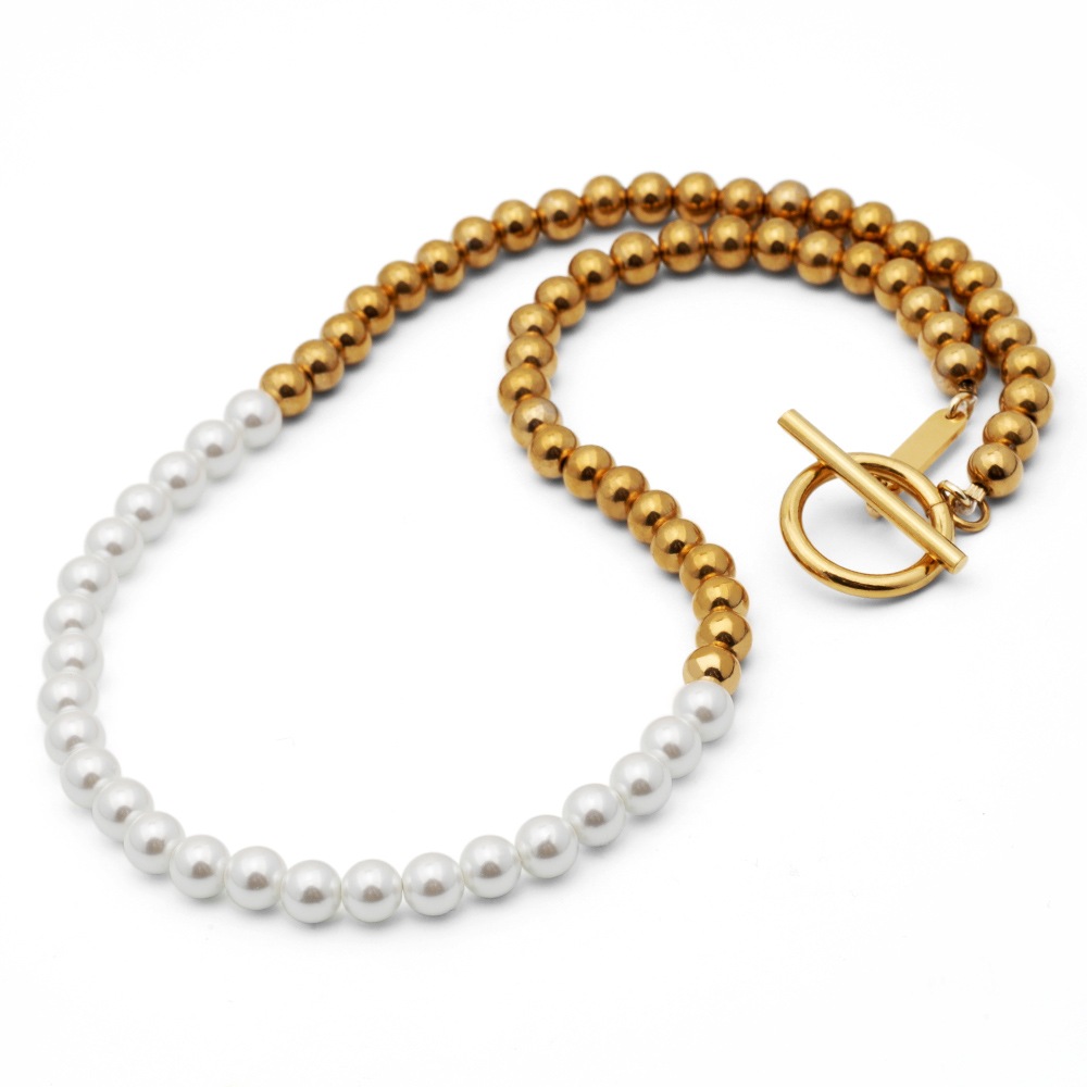 ステンレス パール＆ビーズネックレス [n570]