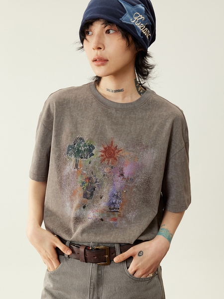 ヴィンテージウォッシュカジュアルプリントTシャツ