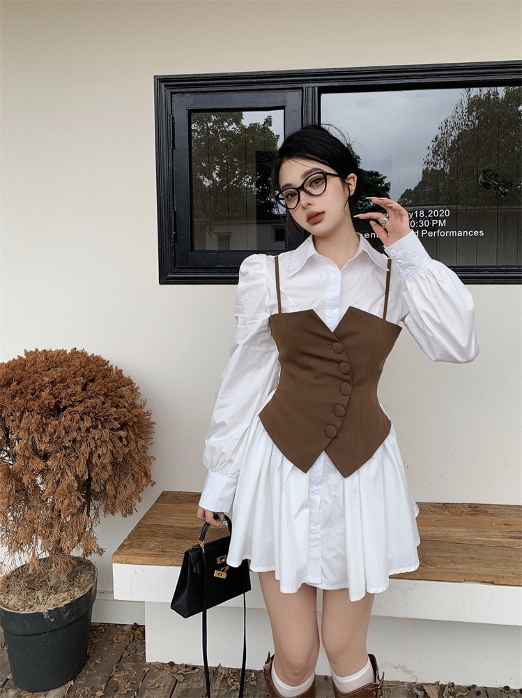 フェイクツーピース長袖シャツワンピース女性春フレンチスプライシングバブルスリーブスカートウエスト気質ラインショートスカート