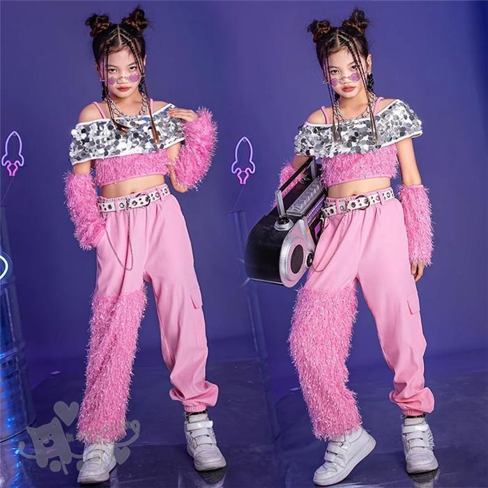 新しい子供用ダンスウェア ダンス衣装 ヒップホップ 女の子 ピンクトップスキラキラ 切り替えカーゴ パンツ へそ出し キッズ ガールズ 女の子 セットアップ 派手 K-POP 韓国 ステージ衣装 2枚