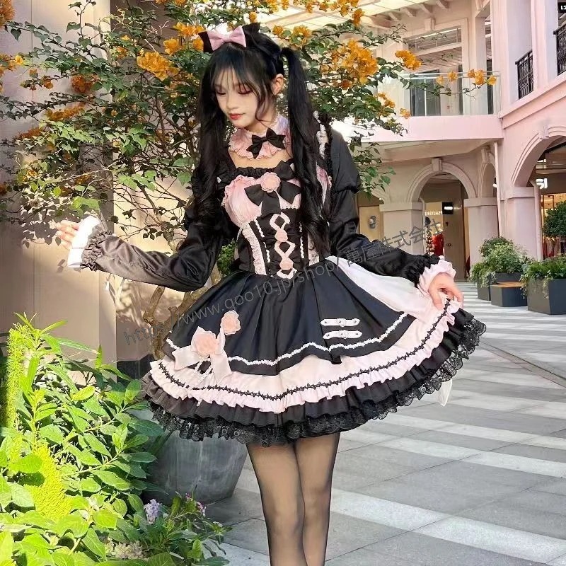 ステージ衣装 アイドル服 ロリータ ミニ丈 ワンピース フルセット コスプレ衣装 ねこみみ ティアードスカート コスチューム 花飾り レースアップ ゴシックロリィタ ゴスロリ 半袖 袖付き フリル裾今