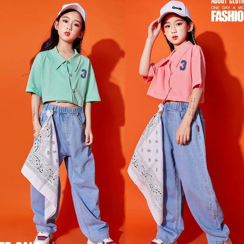 キッズ　ヒップホップ ダンス衣装 セットアップ　ポロシャツ　ジーンズ キッズ　ダンス衣装 女の子 ヒップホップ 衣装 キッズ キッズ　ダンス 衣装 ヒップホップ　ファッション　子供　ダンス衣装 k-p