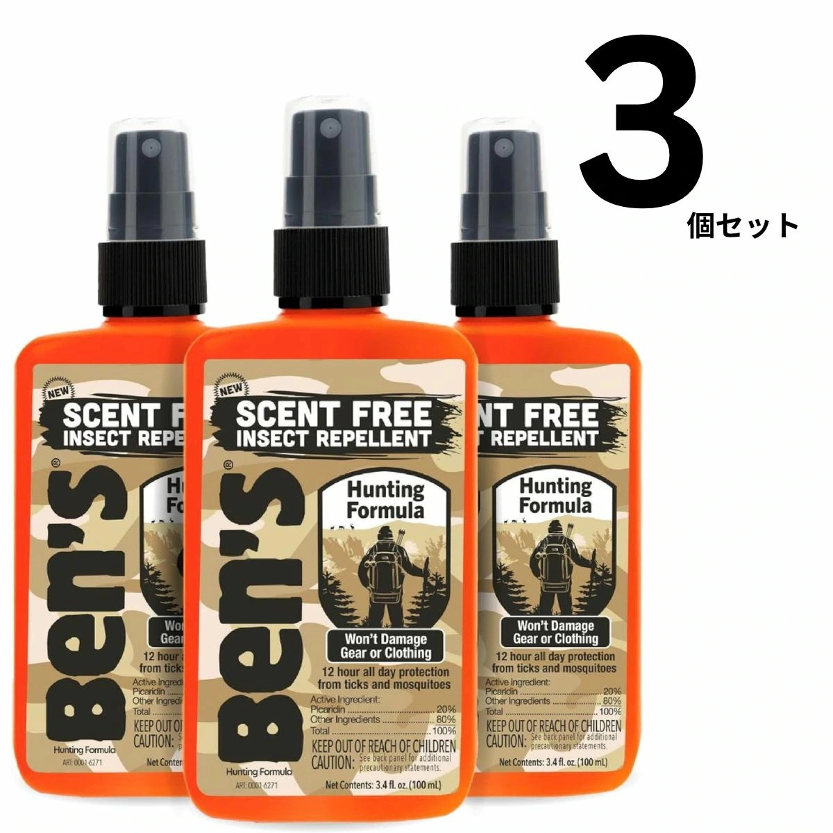【エクスプレス便】Bens Hunting Formula - Tick & Mosquito Repellent - 20% Picaridin 20% 最大12時間 3 Pack 無香料