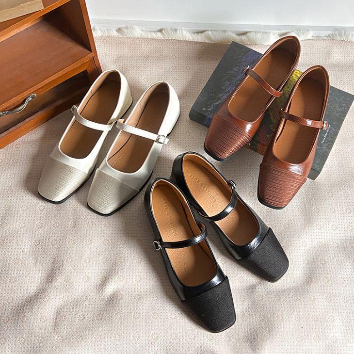 【韓国ins大人気】ローヒール パンプス ストラップ スクエアトゥ ぺたんこ PU フラット 韓国ファッション【k3-mxj5】【予約販売：15-20日】60込