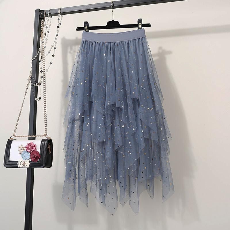 【1つ買うと10つ無料】スターメッシュガーゼスカート女性春2025年春ハイウエストふわふわしたスカートスカート夏の半身スカートガーゼスカートトレンディ