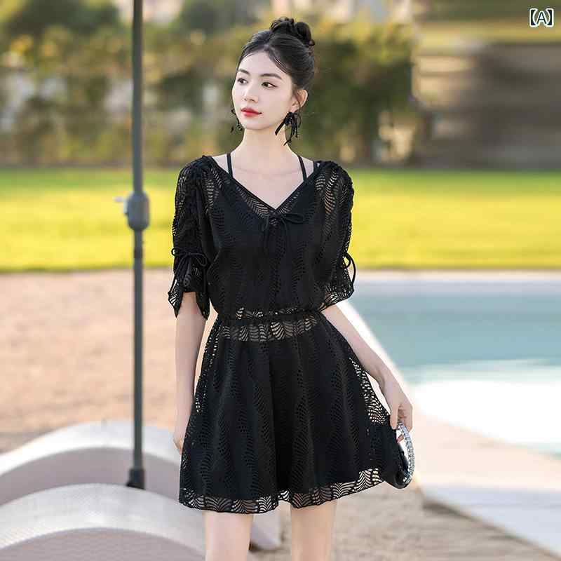 レディース 水着 ビキニ スカートビキニ トップス フレア アウター七分袖ワンピース ３点セット スリーピース レース ミディアムスリーブ Vネック フリル ストラップ装飾 リボン 無地 エレガント