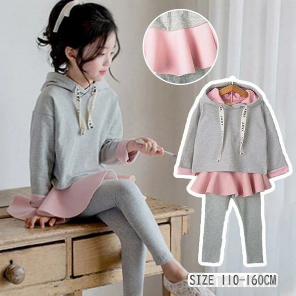 お一人様1点セットアップ キッズ 女の子 子供 秋冬 スポーツウェア 上下2点セット 長袖パーカー スカッツ ロングパンツ ズボン プルオーバー フード付き スウェット 重ね着 重ね着風
