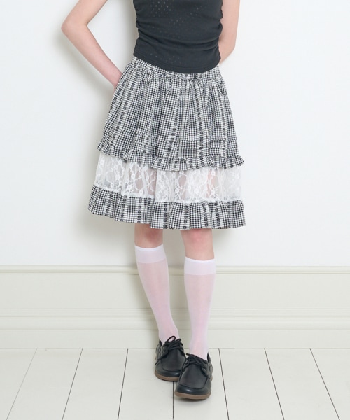 【ILLIGO】 FLOWER TIERED MIDI SKIRT BLACK CHECK 正規品