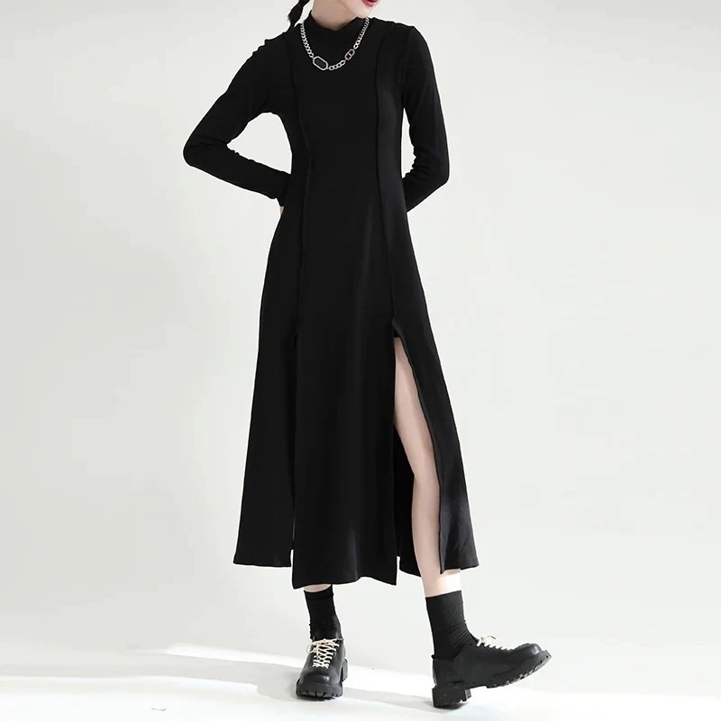 【J.Fashion】 スリットワンピ 厚手 秋冬 ワンピース スタンド襟 弾力コットン ゆる スリム レディース ロングワンピース ドレス メガ割30%までに制限