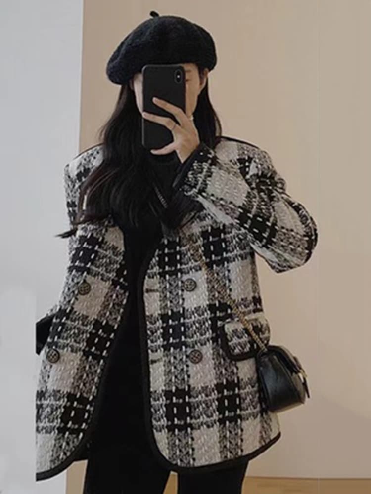 ツイード ジャケット アウター 長袖 ダブルジャケット フロントボタン ポケット カジュアル 大人 上品 おしゃれ フォーマル チェック柄 春 秋 冬 レディース お出かけ 休日 旅行 普段使い