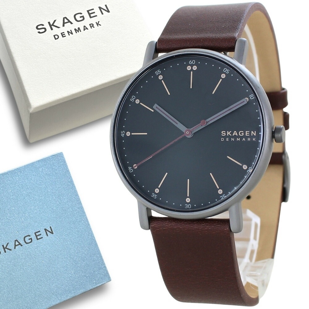 SKAGEN スカーゲン 腕時計 メンズ スリム 薄型 チェリーウッドレザー シンプル ミニマル ブラック文字盤 ビジネス カジュアル 誕生日 記念日 男性 プレゼント ギフト SKW6860 成人