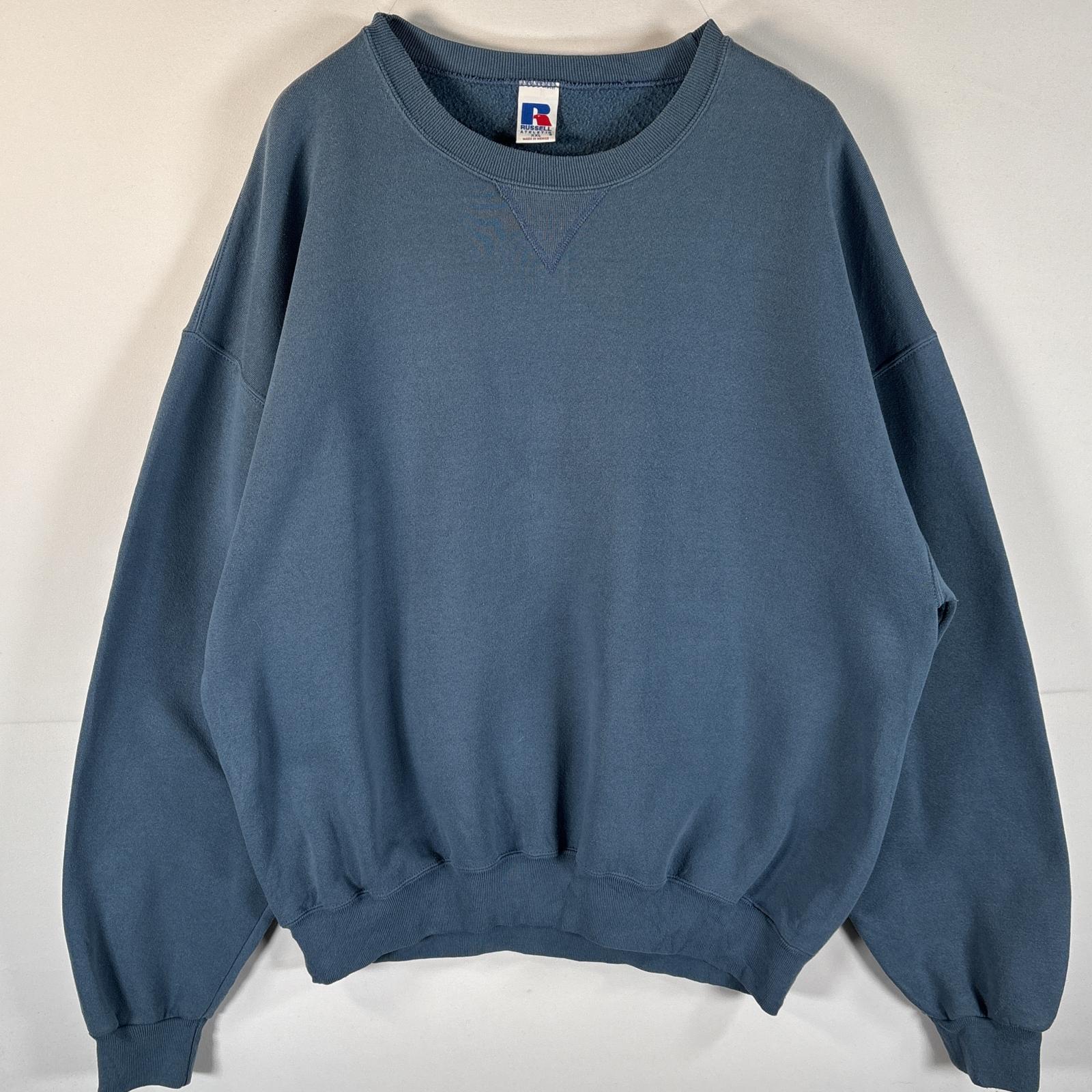 古着 90s/90年代 スウェット トレーナー 大きいサイズ 前Vガゼット くすみカラー XXL ブルー系 無地 メンズ