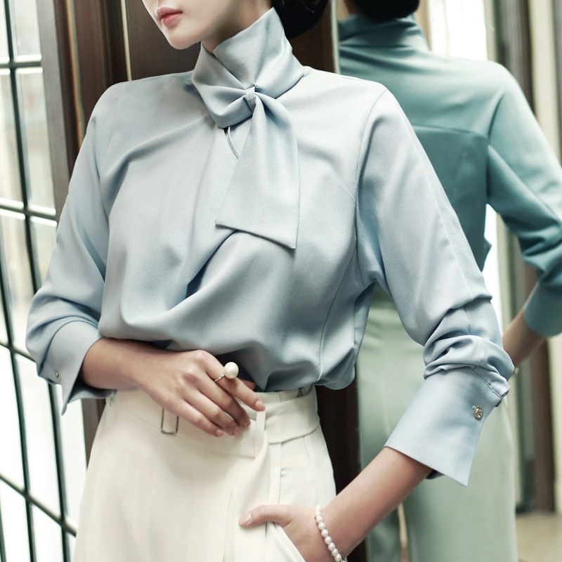 2570.リボンブラウス（ブルー）2019 春夏 sale 春夏 sale トップス セクシー カジュアル Uネック 長袖 ミディアム 結婚式 披露宴 パーティー 通勤 通学 女子会 カフェ ランチ