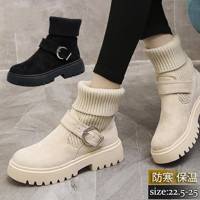 入庫ショートブーツレディースブーツソックス風厚底無地バックルカジュアル痛くない暖かい保温防風ファションエレガントイベント