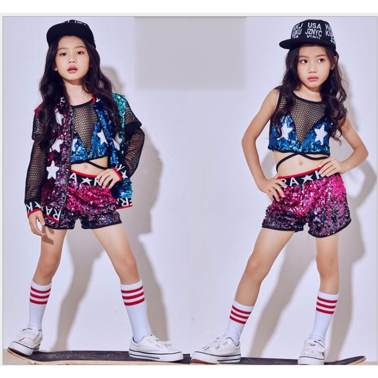 ダンス衣装 スパンコール ジャケット ダンス 衣装 ガールズ スパンコール ダンス衣装 上下セット メッシュトップス ショートパンツ キッズ ダンス セットアップ