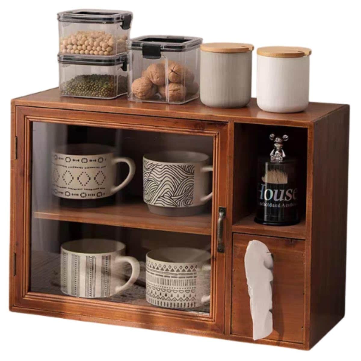 食器棚 レトロカップボード ティッシュボックス&カップ収納ラック MumuElf アクリル扉付き 引き戸 多機能 おしゃれ 調味料 お椀 箸 家具 小物 台所収納
