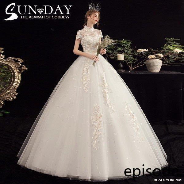 新品ウェディングドレス白 パーティードレス ハイネック 可愛いレース 演奏会 花嫁ロングドレス 結婚式 二次会 ウェディング 謝恩会 挙式hs5464