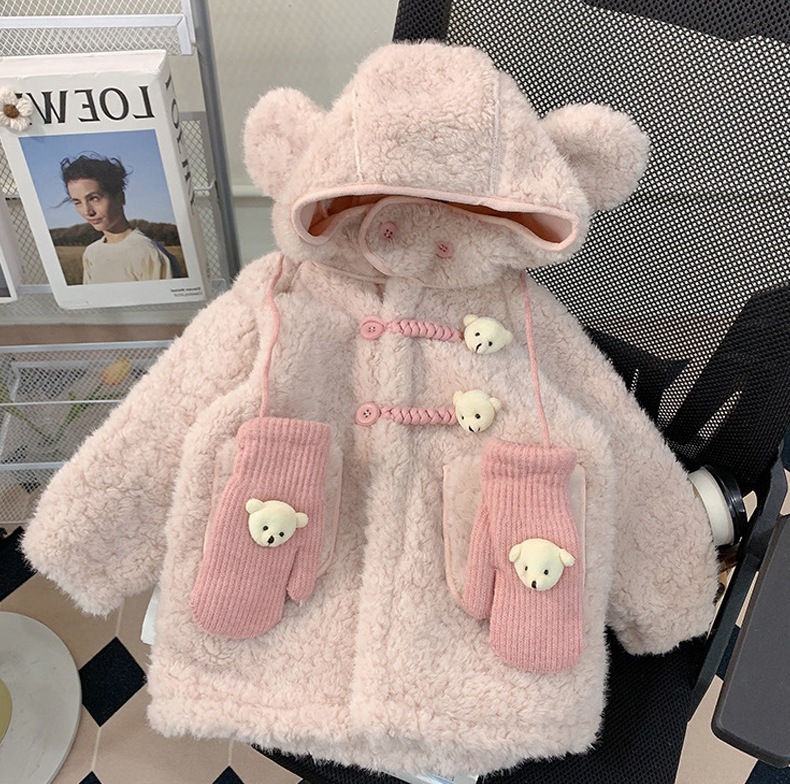 ガールズぬいぐるみジャケット2024年秋冬新しいスタイル子供用ぬいぐるみフード付きトップベビーウールセーター冬