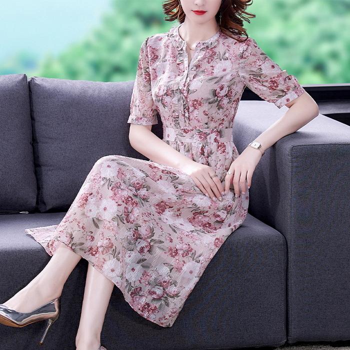 シャツワンピース レディース 膝丈ワンピース 春夏 半袖ワンピース きれいめ花柄シフォンスカートAライン 韓国風 オシャレ通勤 OL 大人上品 30代 50代