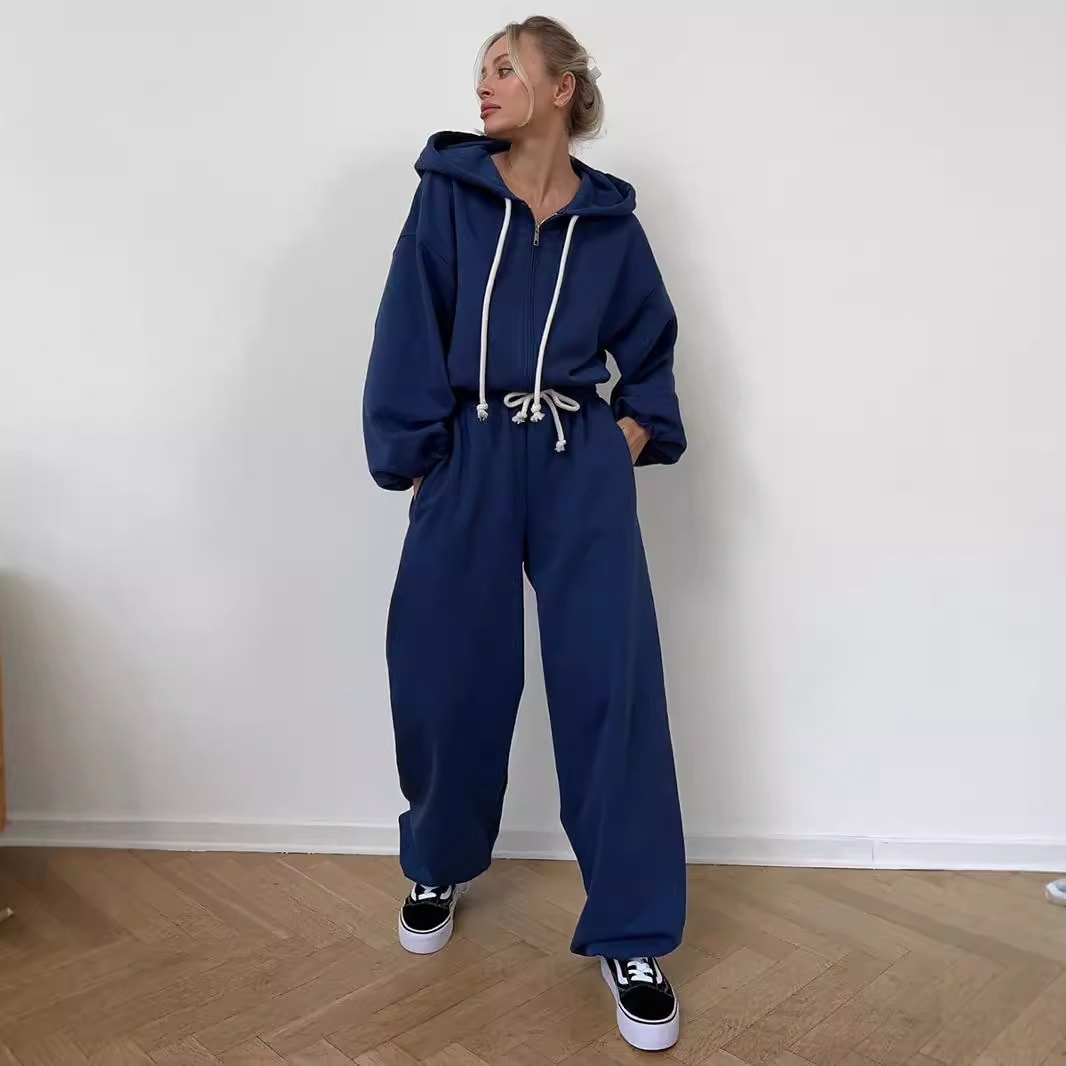 スウェットスーツ 2024 秋レディーススポーツカジュアルショートフード付きトレーナージャケット + パンツスーツ